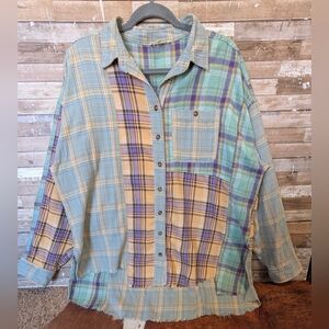 Easel Oversized Mixed Flannel Button Down Shirt With Raw Edge Hem Hi Lo